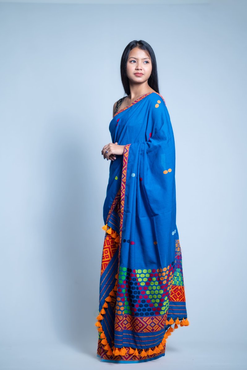 Mising Design Mekhela Sador Pure Cotton in Blue thumbnail 2