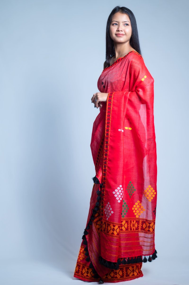 Cotton by Nooni Silk Ready To Wear Mekhela Sador in Red thumbnail 2