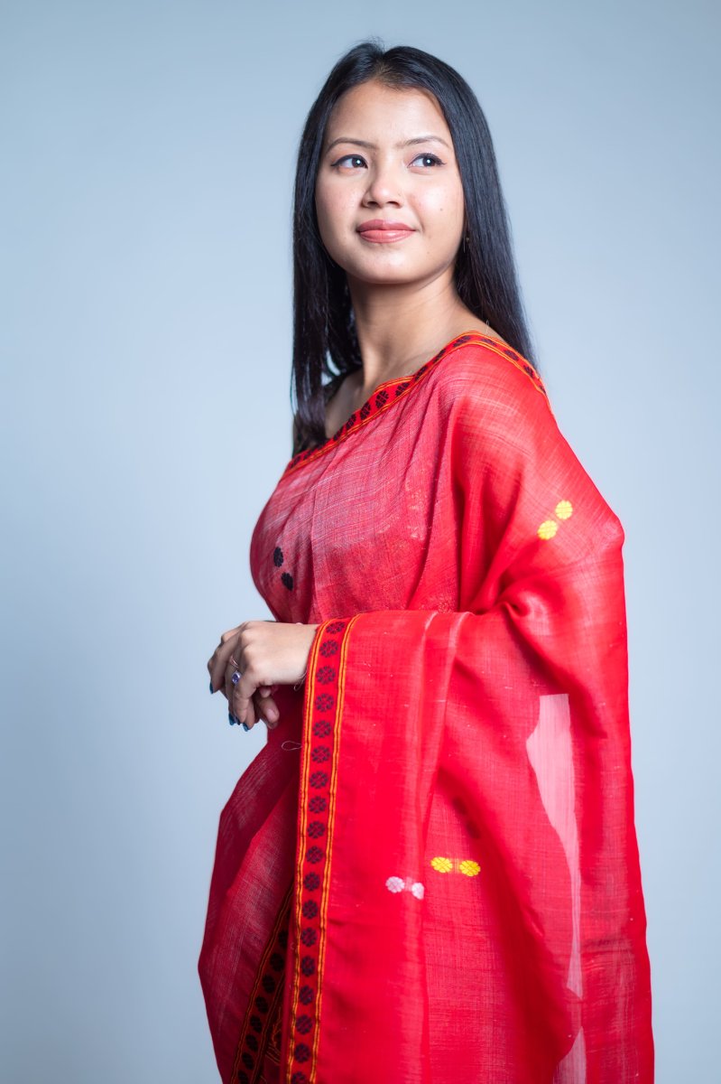Cotton by Nooni Silk Ready To Wear Mekhela Sador in Red thumbnail 3