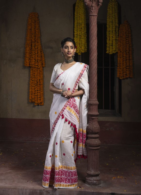 Cotton by Nooni Silk in White Ready to Wear Mekhela Sador