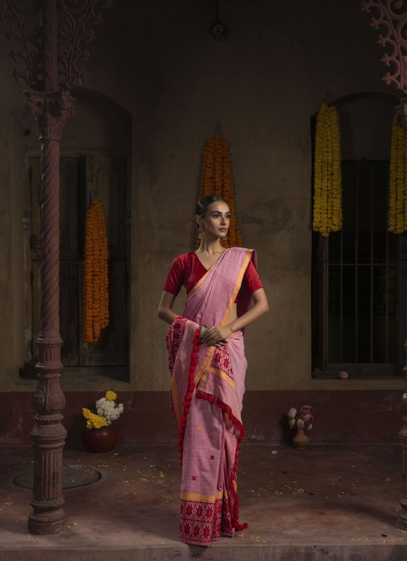 Pink Pure Cotton Ready to Wear Mekhela Sador