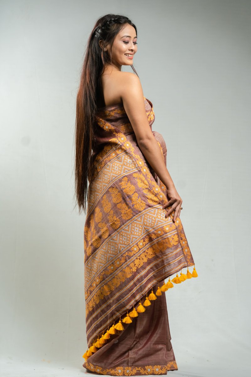 Cotton by Tussar Silk Saree in Antique Mauve Color thumbnail 2