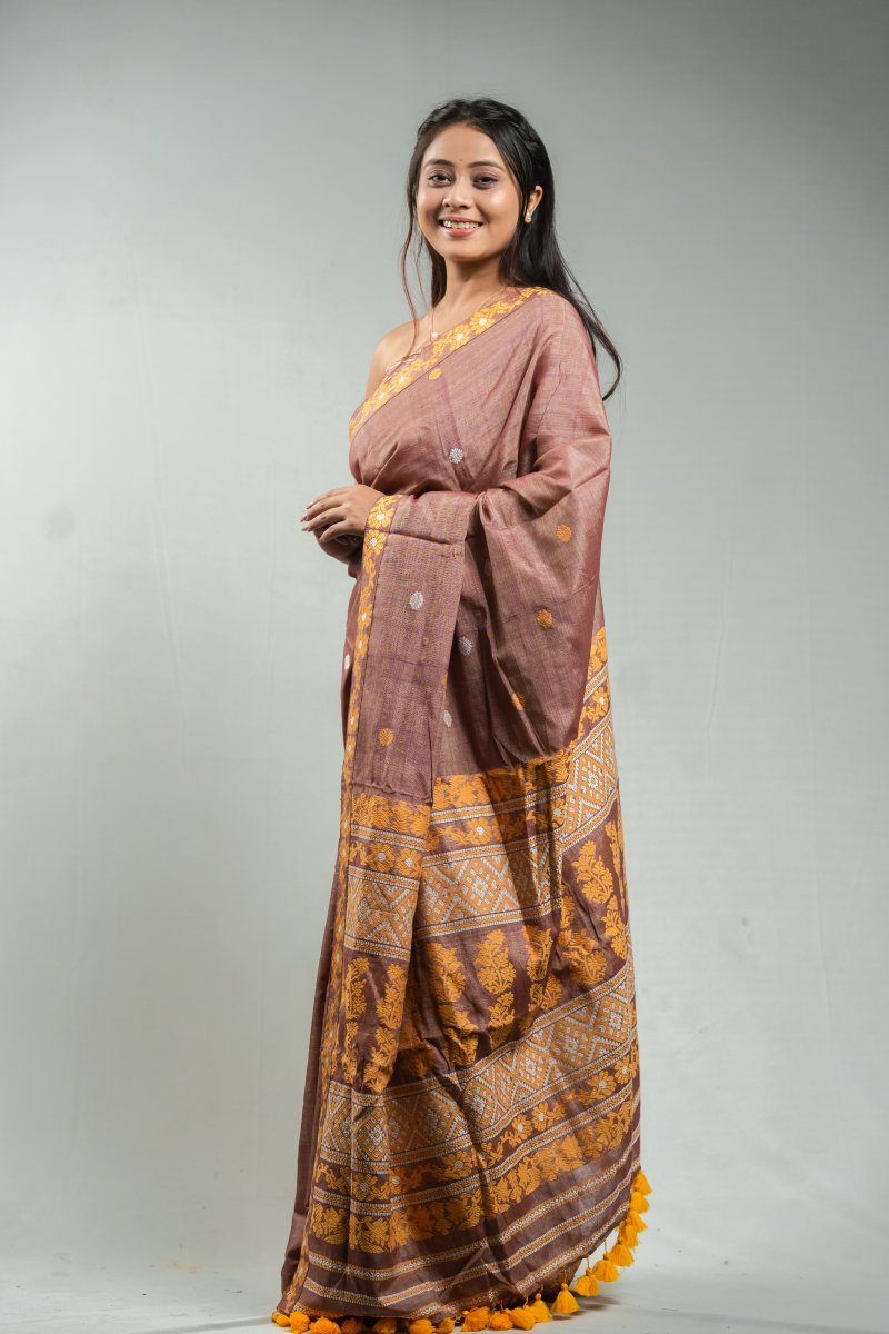 Cotton by Tussar Silk Saree in Antique Mauve Color thumbnail 3
