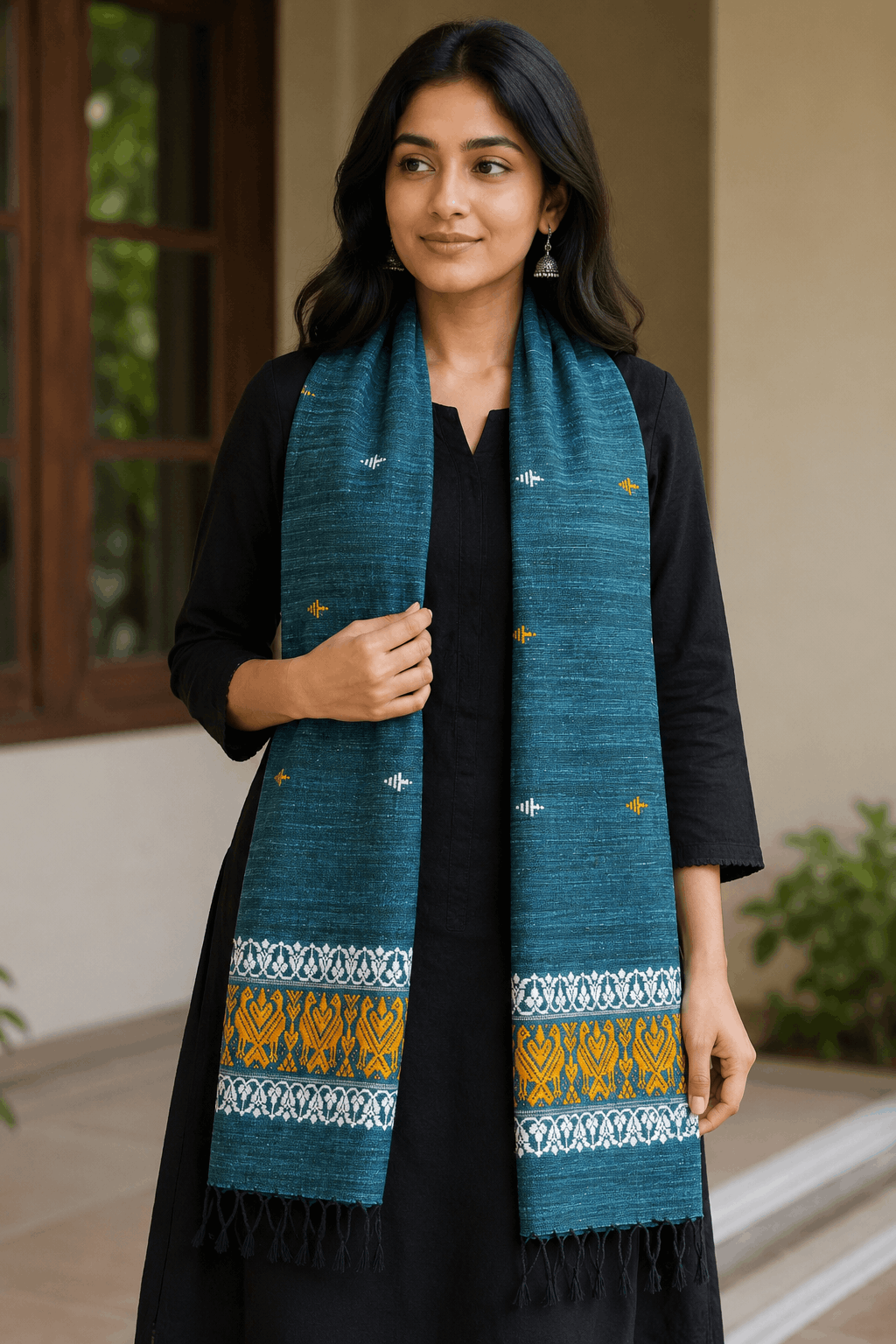 Cotton by Eri Stole Deep Teal with Mustard Yellow Borders