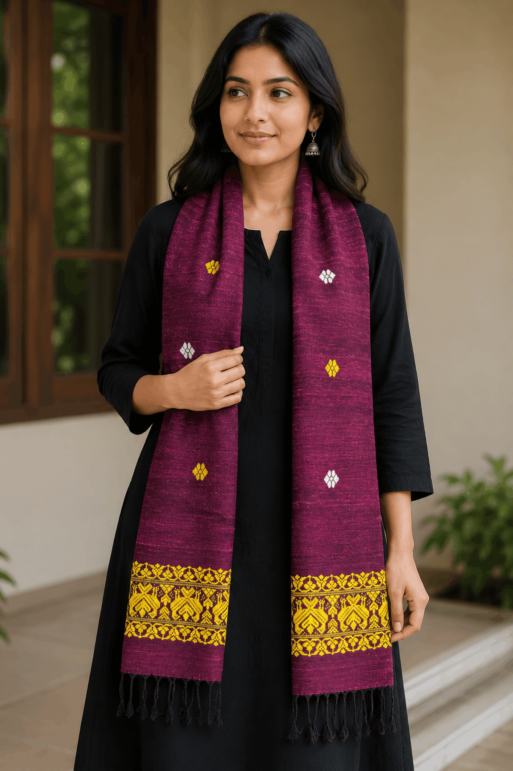 Cotton by Eri Stole Magenta with Mustard Yellow Borders