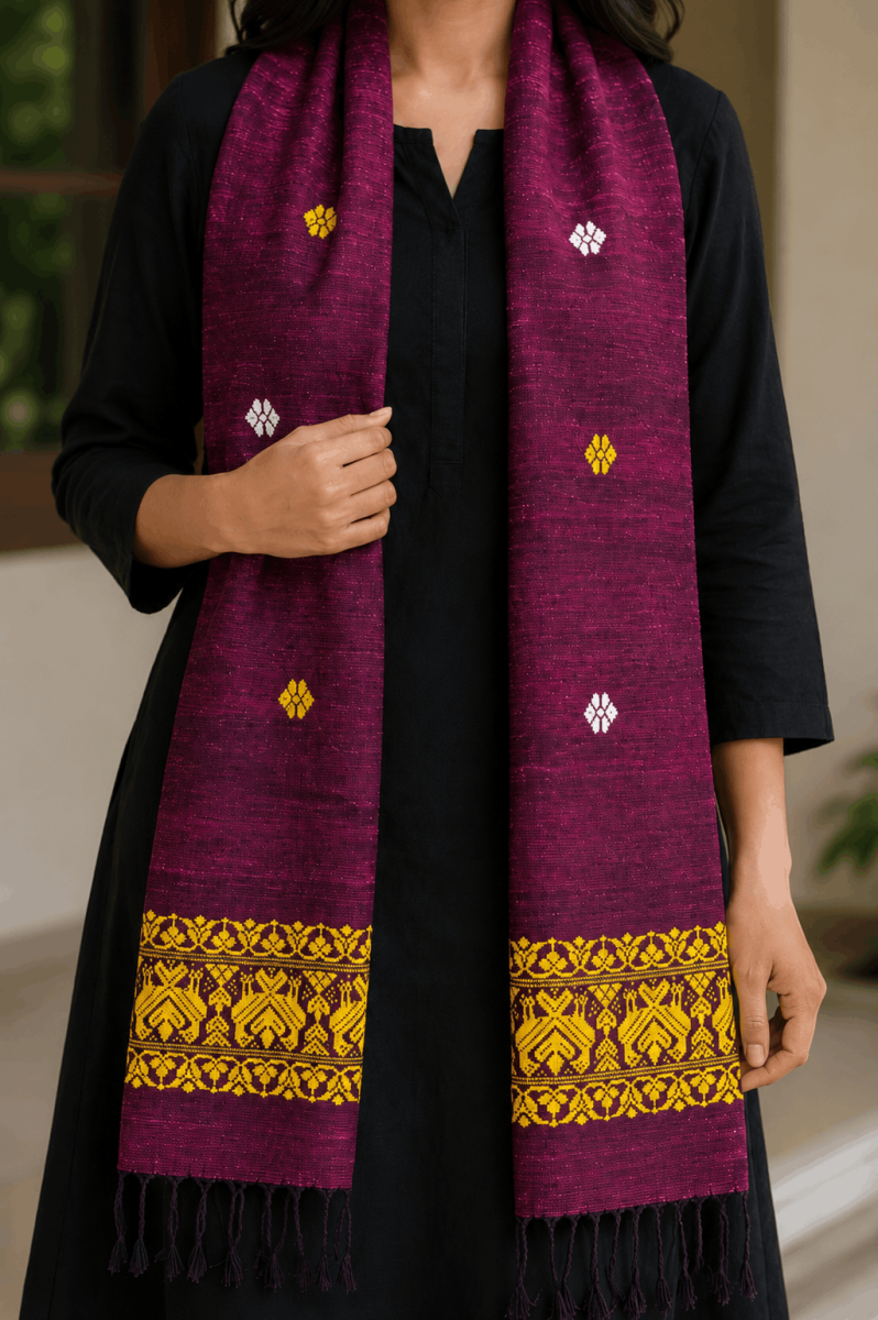 Cotton by Eri Stole Magenta with Mustard Yellow Borders thumbnail 2