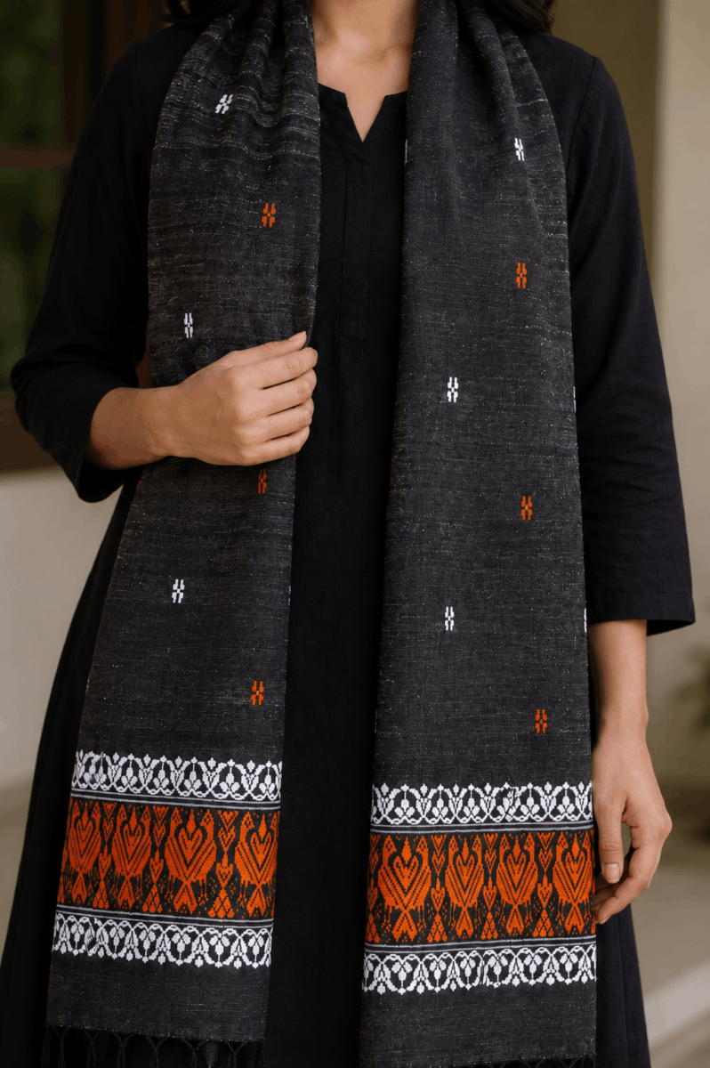 Cotton by Eri Stole Charcoal Black with Rust Orange Borders thumbnail 2