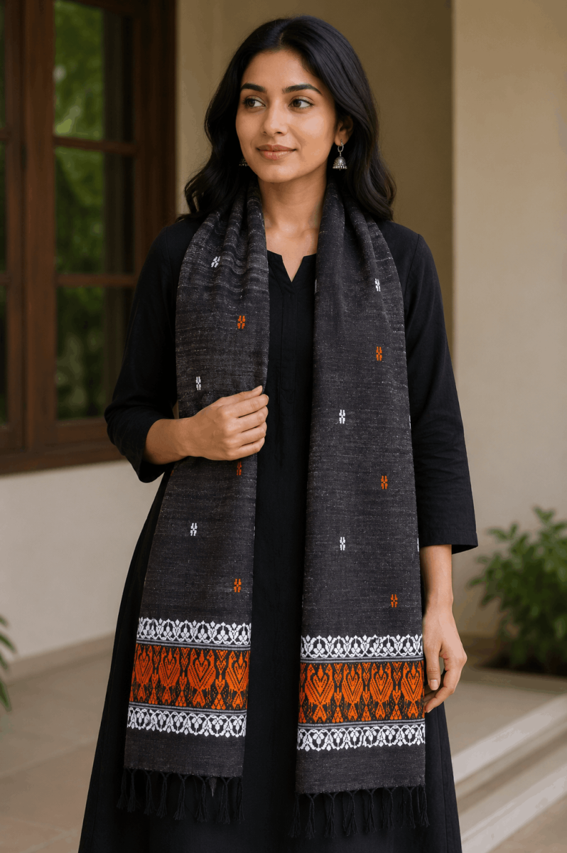 Cotton by Eri Stole Charcoal Black with Rust Orange Borders thumbnail 3